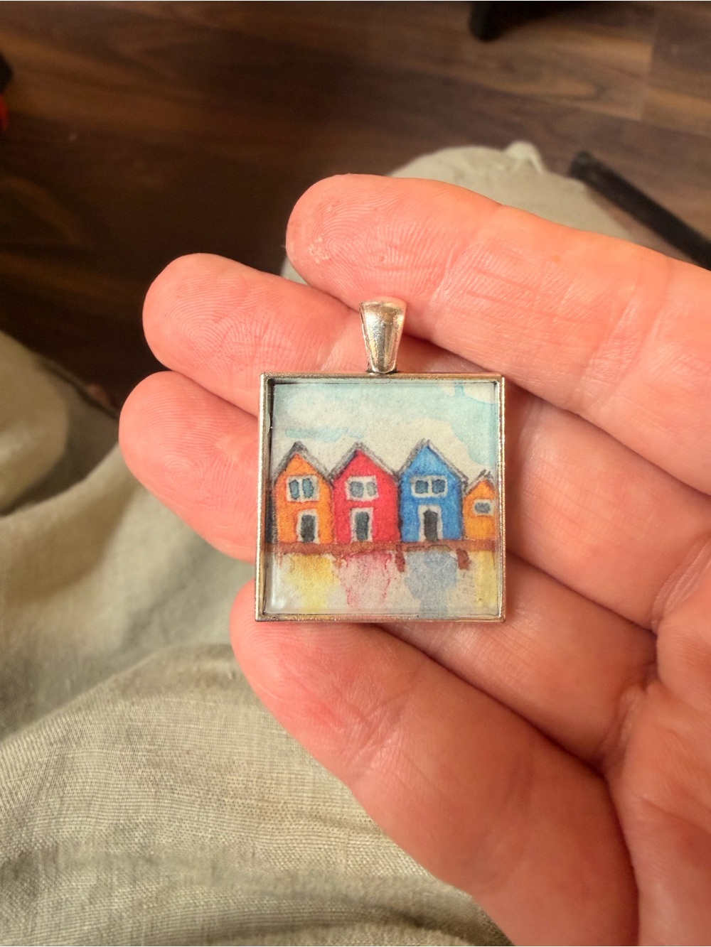 Original Watercolor Colourful Houses Pendant | Handmade Wearable Art